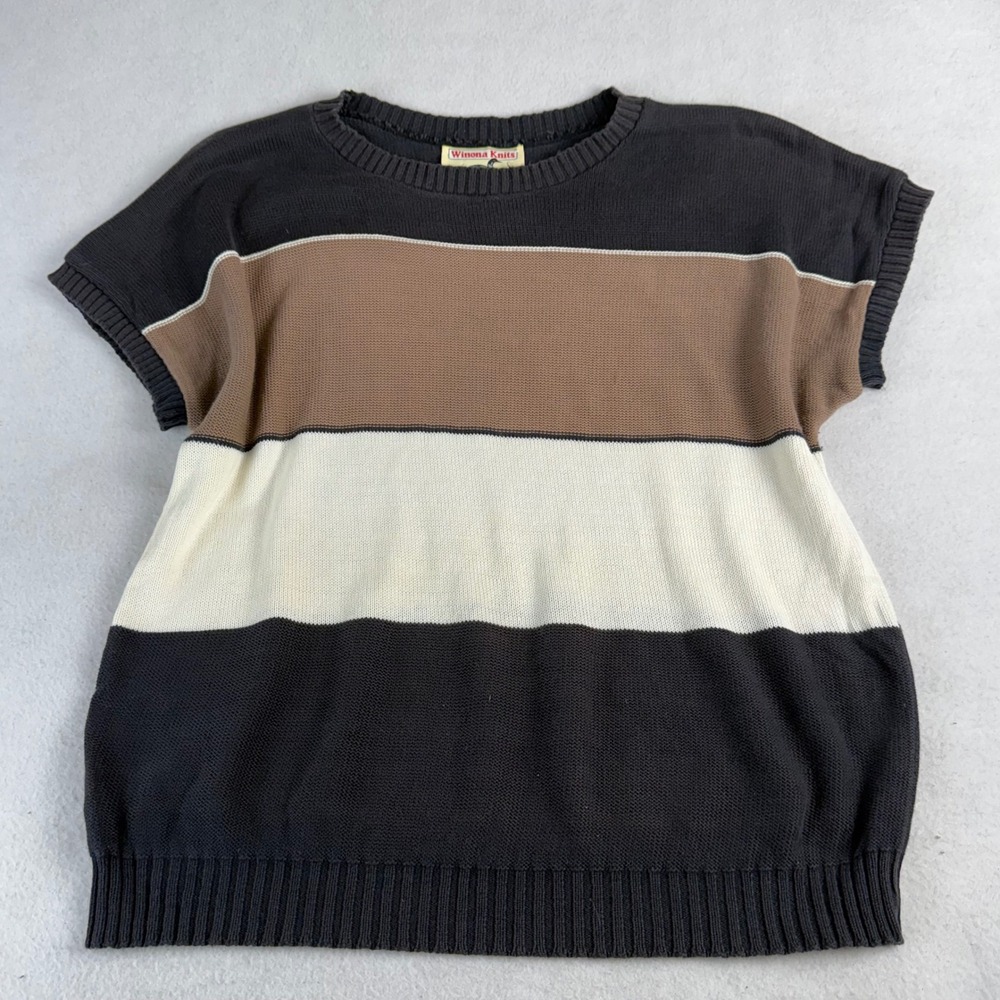 Winona Knits Womens Large Short Sleeve Colorblock Sweater Charcoal Tan USA Made